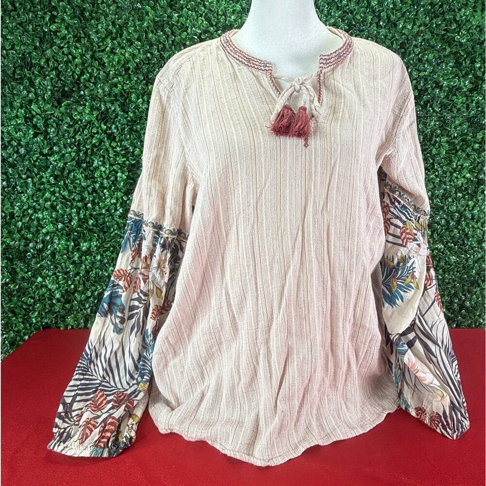 Johnny Was 3J Workshop Effortless Peasant Tunic Top Cotton Linen Embroidered Med